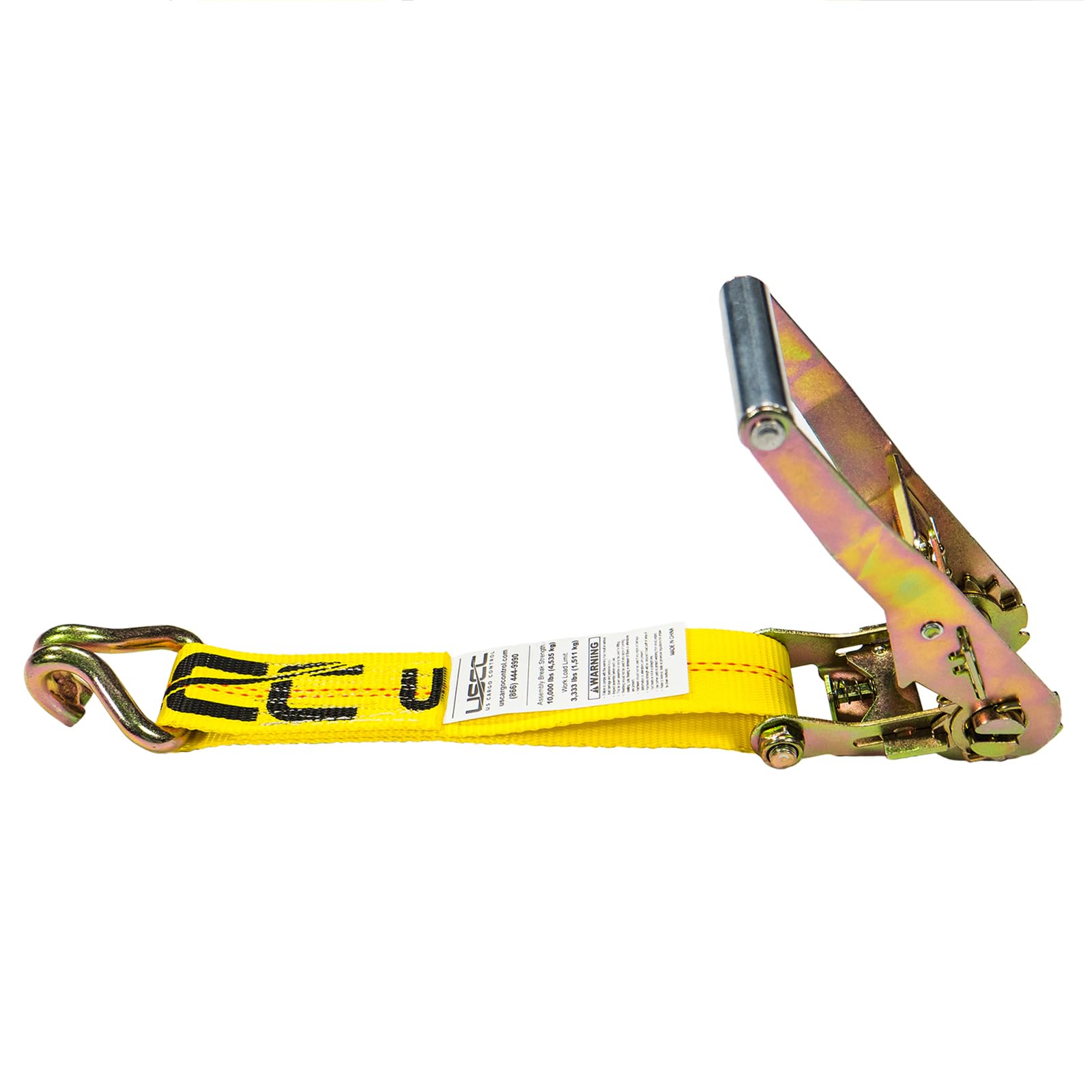 US Cargo Control Ratchet Tie Down Strap, 2 Inch x 11 Inch Fixed End Ratchet Strap with Double J Hooks, Yellow Tie Down Straps, Secure Cargo with Ease, Strap Provides Needed Strength