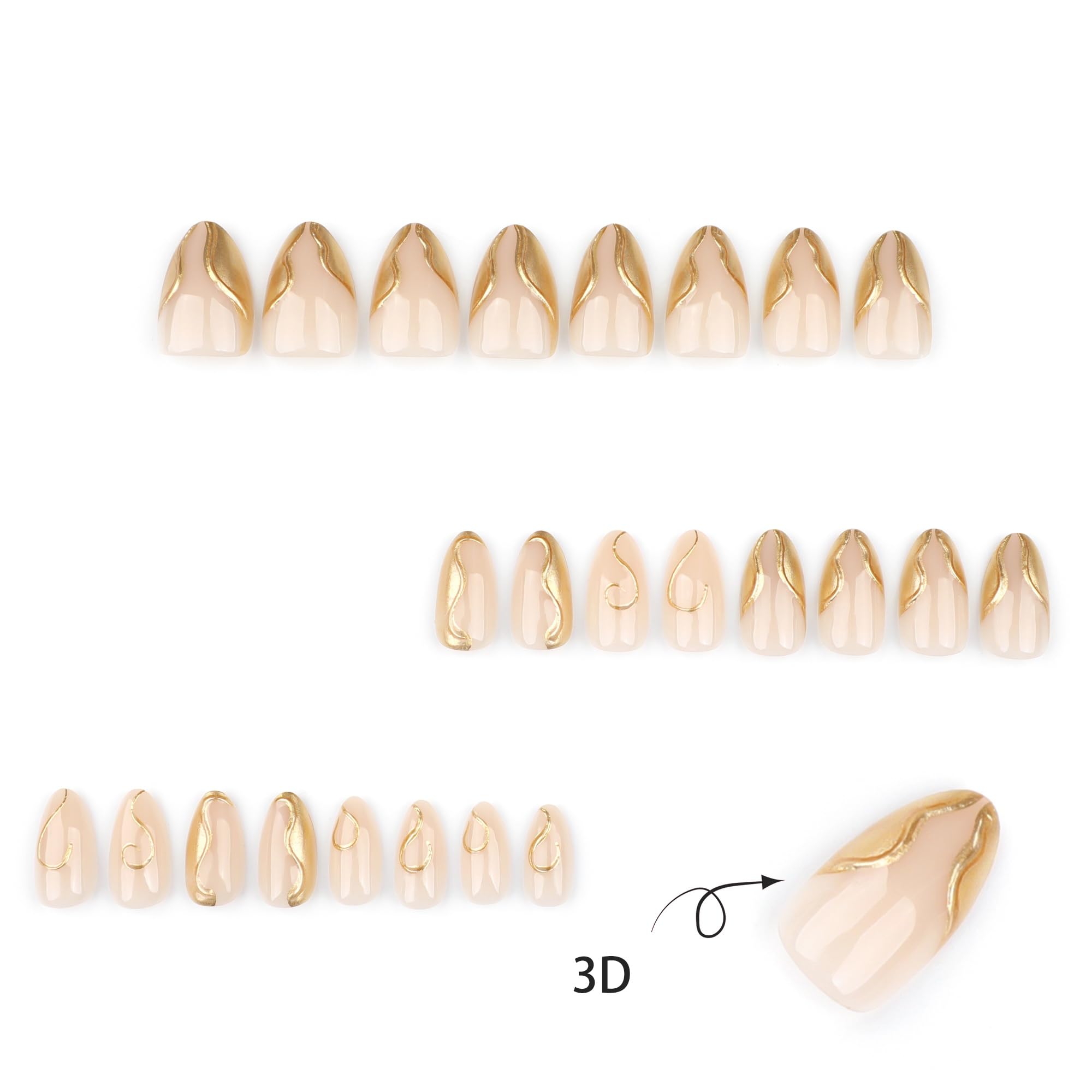 KaleidNail Nude Almond Press on Nails 24 PCS Glossy Gold False Nails Medium Length Fake Nails Full Cover Stick on Nails Art for Women and Girls Daily Decoration - Image 3
