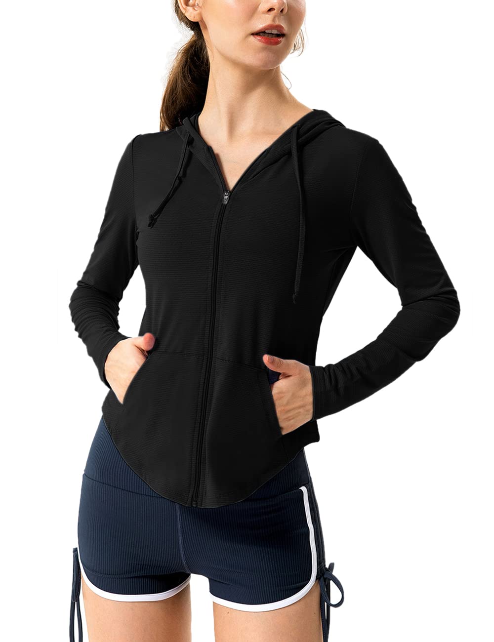 Hanyomo Mujeres Manga larga UPF 50 + protector solar Chaquetas deportivas Capucha Camiseta de fitness Bolsillo Yoga Cremallera completa Jacket — view 7