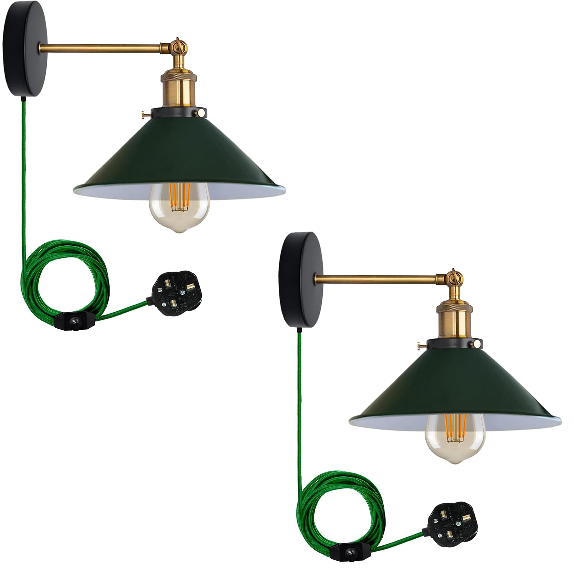 LEDSone 2 Pack of Retro Industrial Wall Light Plug-in Wall Lamp Metal Cone Shape Shade Indoor Light Fitting with on/Off Dimmer Switch for Bedroom Hallway Restaurants (Green 2 Pack, with Bulb) โ image 1