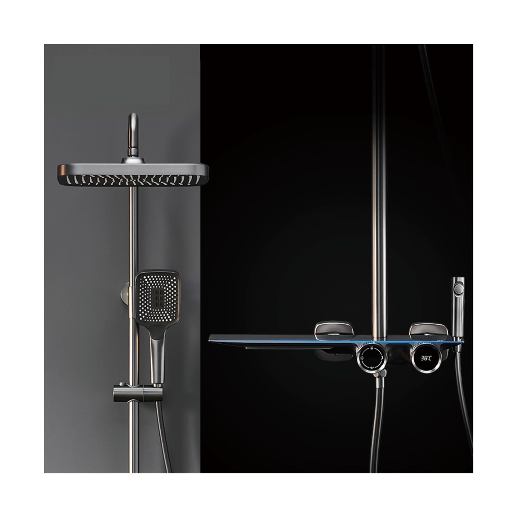Doccia da Bagno in Ottone Grigio Canna di Fucile di Lusso, Design del Display Digitale, Uscita Acqua a Cascata, Rubinetto Doccia a Doppio Comando Freddo e Caldo(Matte Black)