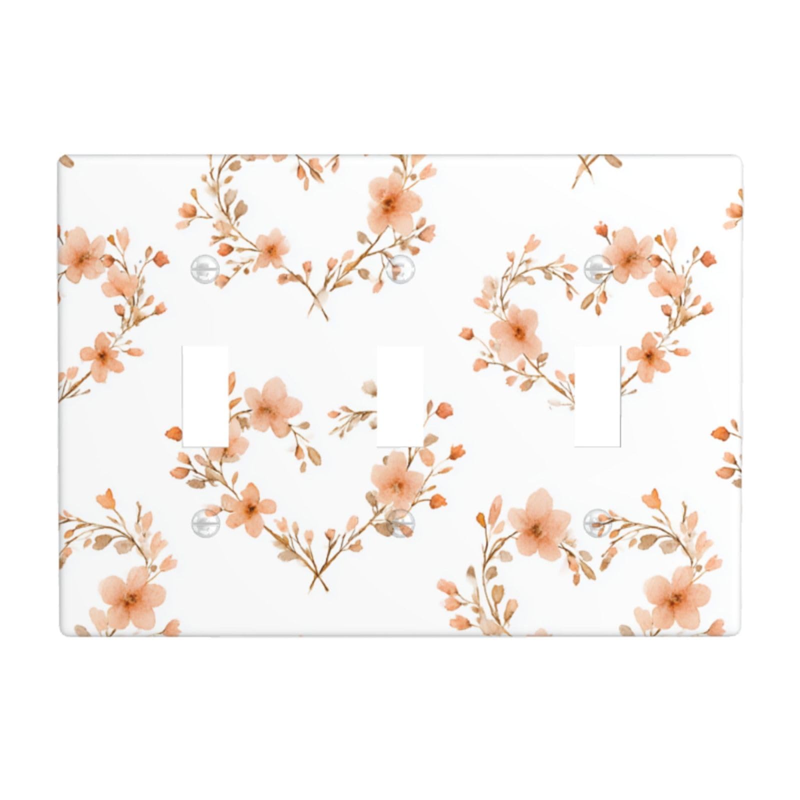 Peach Heart Wreaths Romantic Cottagecore Light Switch Covers 3 Gang Triple Toggle Wall Plate Switchplate Electrical Faceplate for Bathroom Kitchen Bedroom Decor