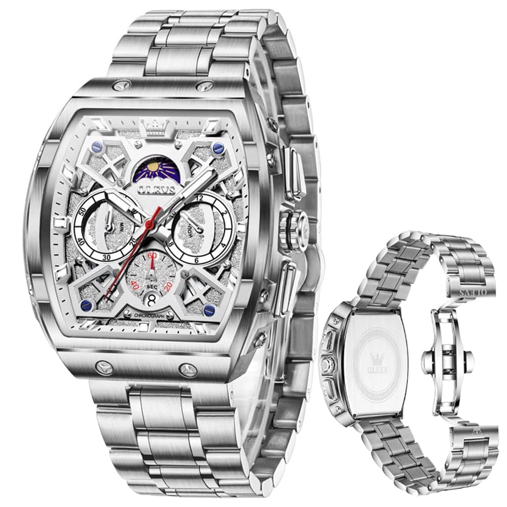OLEVS Watches for Men Analog Quartz Luxury Diamond Waterproof Chronograph Stainless Steel Big Face Square Date Moon Phase