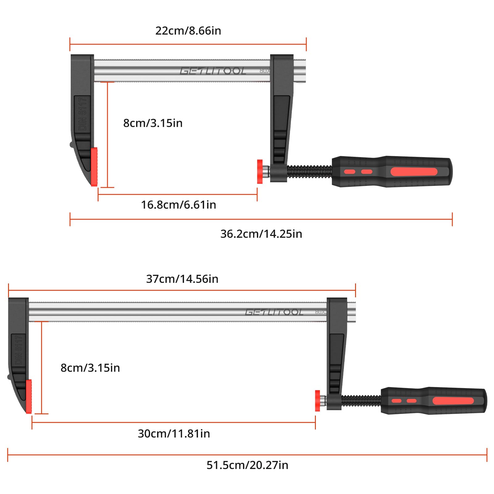 GETLITOOL 4 piezas Sargentos 300mm, Profundidad 80mm, Alta Resistencia 270kg, para Carpintería Profesional y Bricolaje (2pcs 6'' 2pcs 12'')