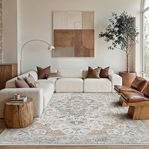 Taup 8x10 Area Rug for Living Room Vintage Machine Washable Large Rug Non-Slip Soft Low Pile Carpet Floral Stain Resistant Indoor Office Throw Rug for Bedroom Dining Room Nursery 8' x 10' (R