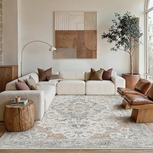 PureCozy Taup 6x9 Area Rug for Living Room Vintage Machine Washable Large Rug Non-Slip Soft Low Pile Carpet Floral Stain Resistant Indoor Office Throw Rug for Bedroom Dining Room Nursery 6'