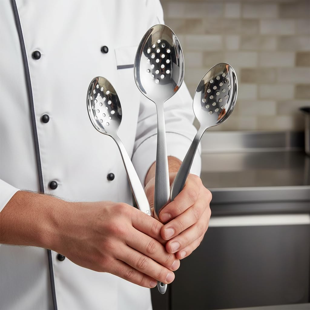 3-PCS Kunz Spoon | 9 Inch 18/10 Stainless Steel Serving Spoons Set Include Serving Spoon, Slotted and Perforated Spoons, Perfect for Basting, Plating, Quenelle, Sauces (3 Pack XL Perforated)