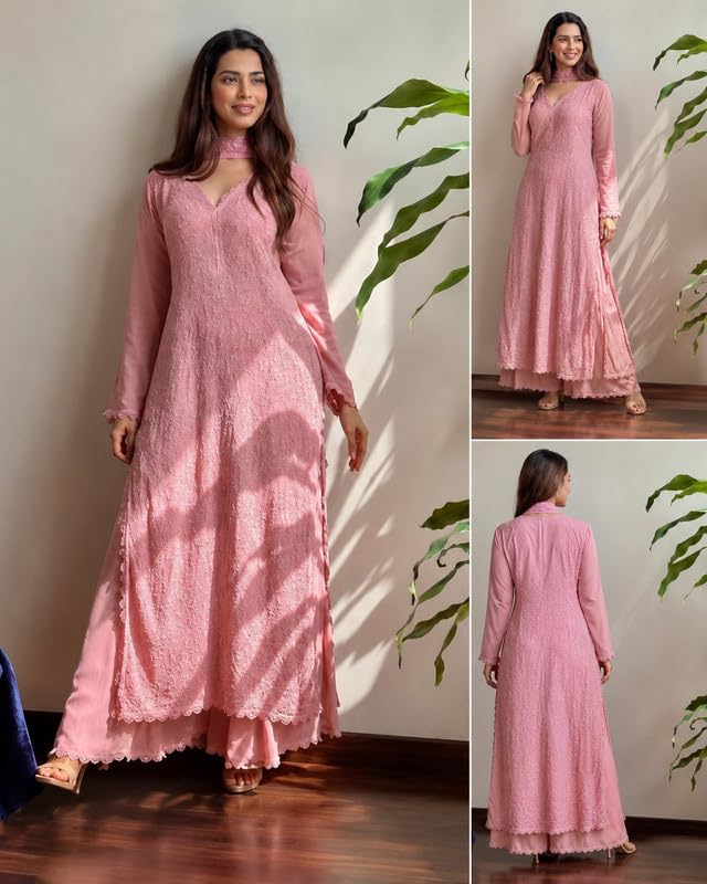 Image of Women Embroidered Straight Kurti with Palazzo And Dupatta Set | Elegant Ethnic Wear Kurta Set | V-Neck Long Sleeve Kurti | Stylish Casual, Festive & Wear for Women