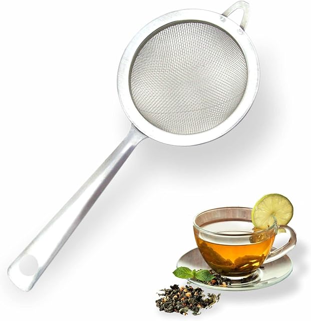 Fine Mesh Kitchen Sieve Strainer Hooked End Filter Infuser Colander Drainer Metal Sieve Stainless Steel Non Slip Handle Green and Black Tea Coffee Sieve for Flour Pasta Spaghetti Silver Color (1pc)