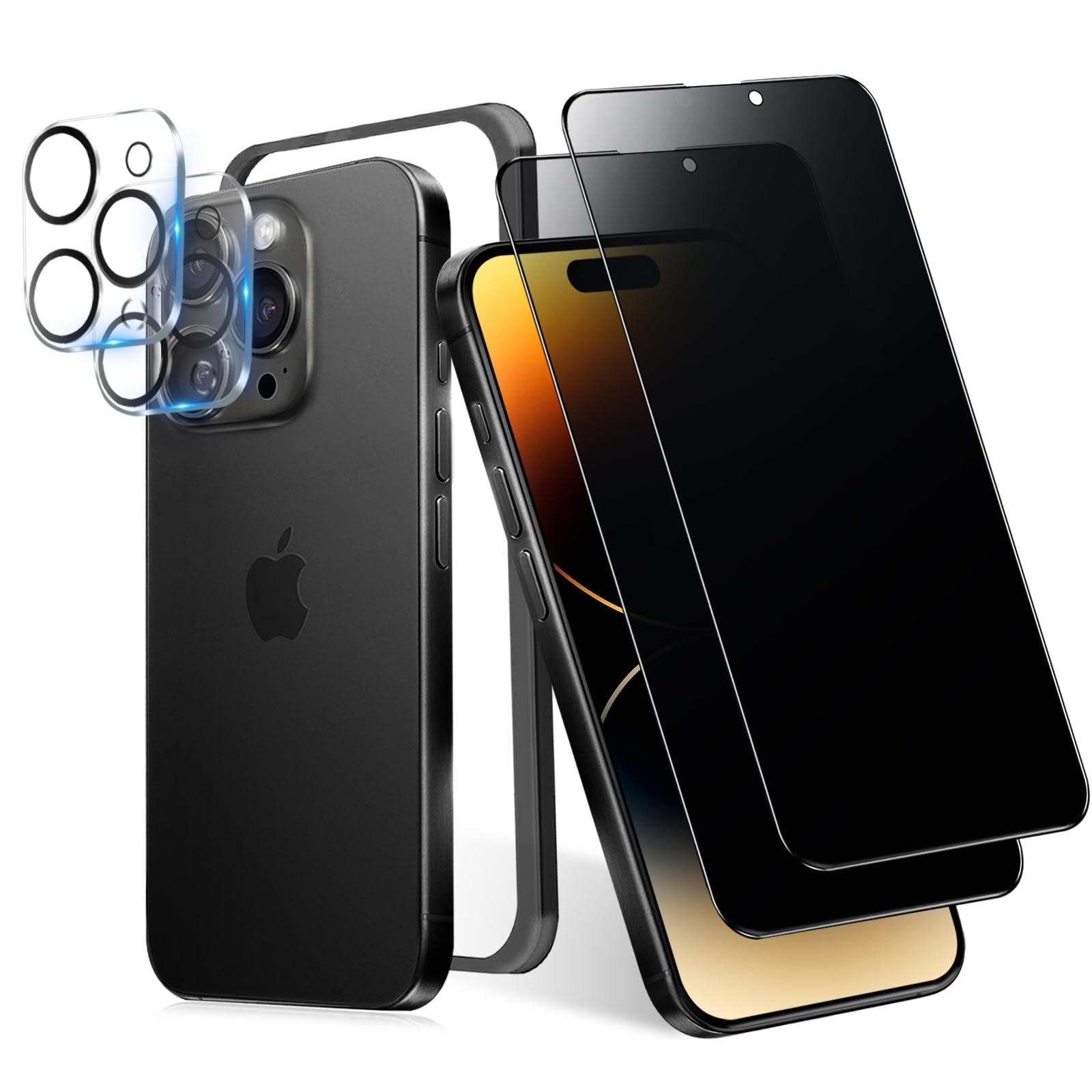 MINIKA 180度 覗き見防止フィルム iPhone 14Pro 用の ガラスフィルム 覗き見防止 いPhone 14プロ 保護フィルム のぞき見防止 アイフォン14Pro フィルム 覗き見 プライバシー保護 左右 見えない 横から見えない 【ガイド枠付き/カメラフィルム 付き / 2枚セット】