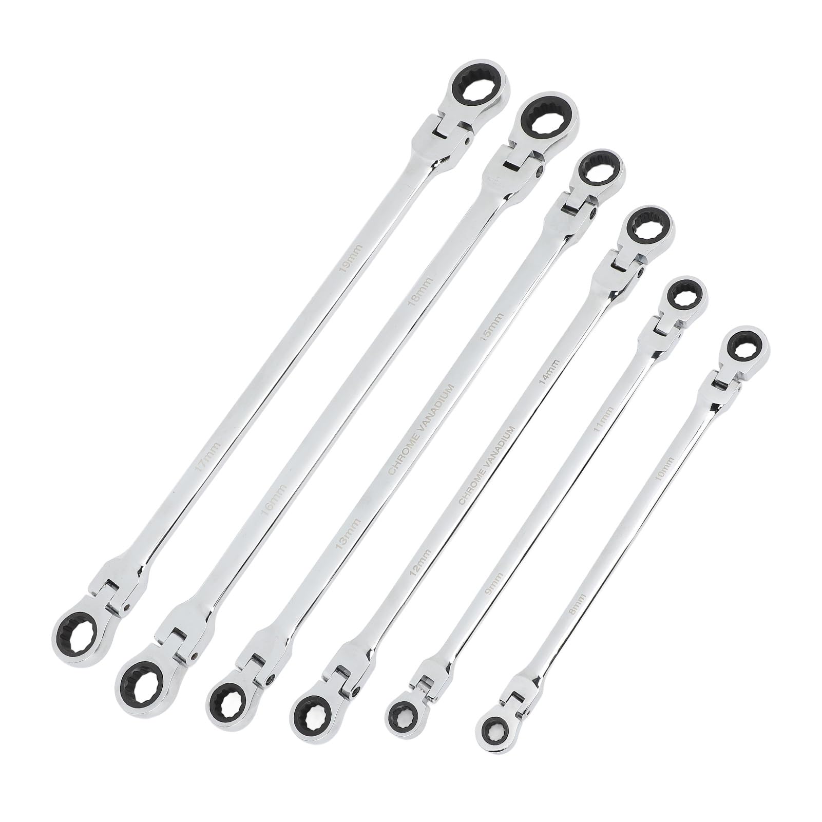 Dilwe Zestaw Kluczy Grzechotkowych z elastyczną głowicą, 6 szt. Klucz Grzechotkowy ze Stali CR V, z podwójną końcówką, 8 Mm do 19 Mm, Bardzo Długi Zasięg, dla Mechaników Zajmujących się Naprawami