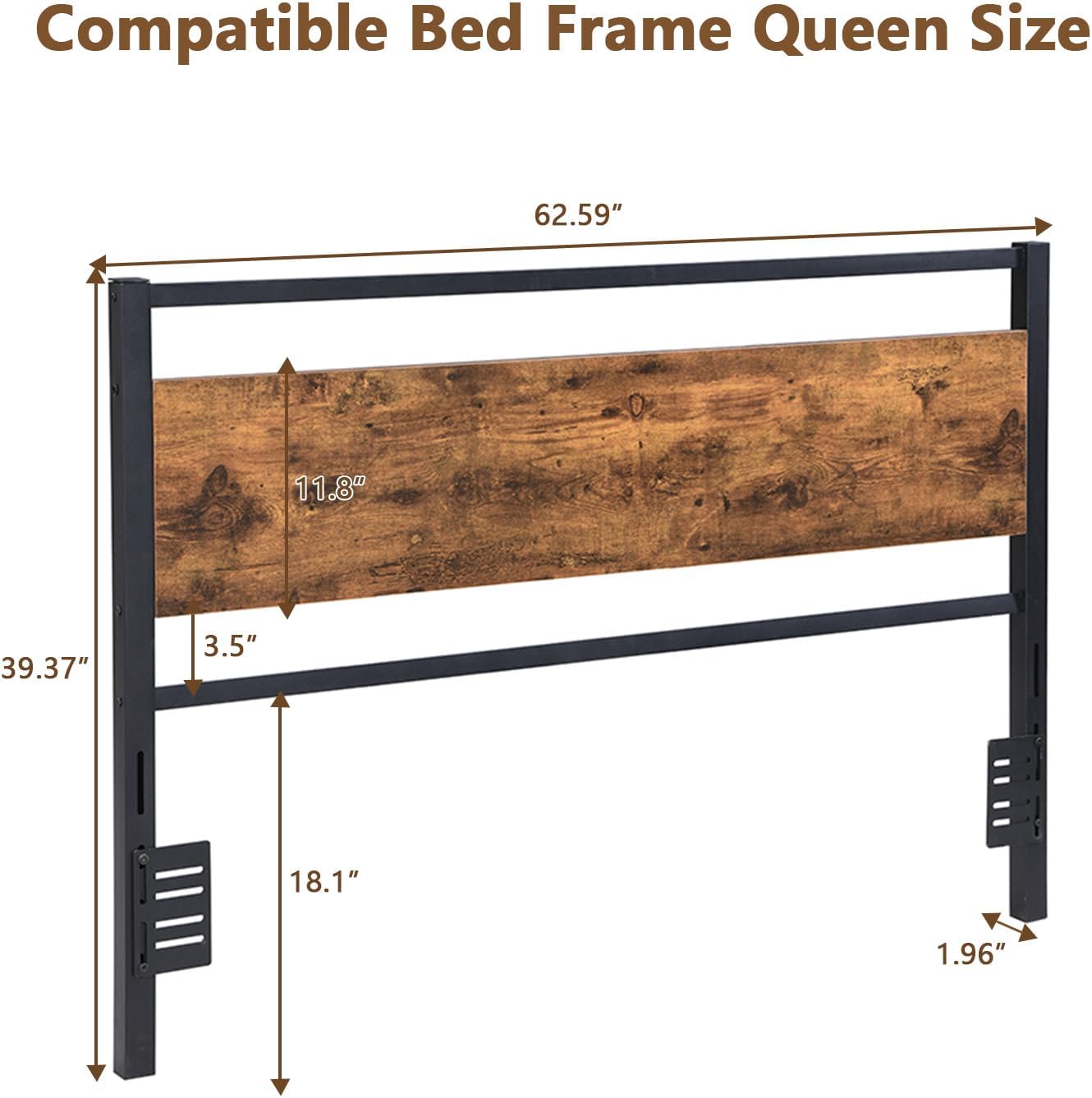 Majnesvon Wood Headboard Queen Size Bed, Easy Assembly Headboard with Rustic Solid Wood Board,Only with Metal Slats Sturdy, Farmhouse Headboards for Adjustable Bed, Rustic Brown (Queen)