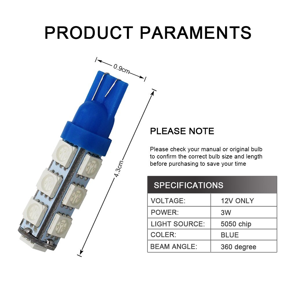 Yolu 10PCS T10 LED Blue 13-SMD 5050 T10 W5W LED Bulbs Extremely Bright Interior Replacement Side Lights 168 194 2825 Wedge Bulbs for 12V License Plate Dashboard Side Marker Light Map Dome Lamp