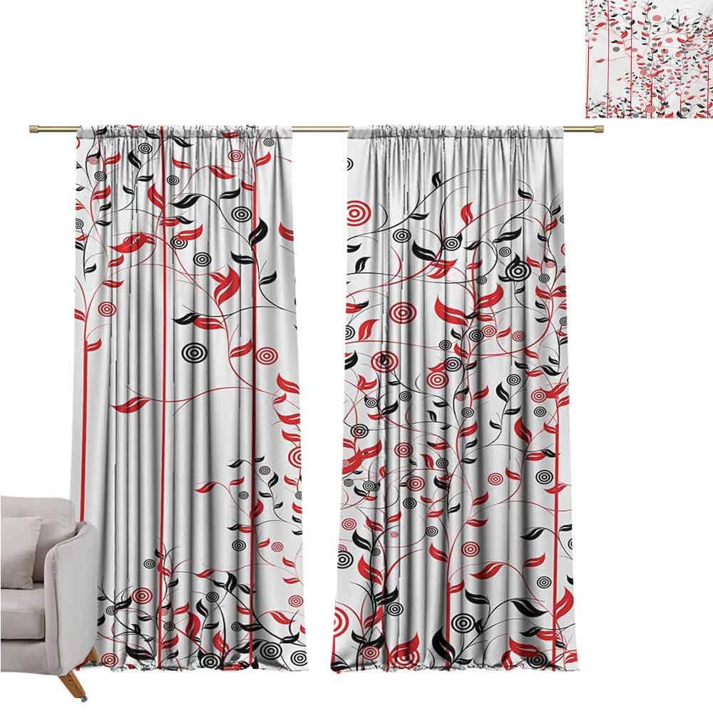 GUUVOR Floral Wear-Resistant Color Curtain Romantic Abstract Flowers Ivy Swirls Image with Leaves in Nature Artwork Waterproof Fabric W42 x L84 Inch Red Black and White