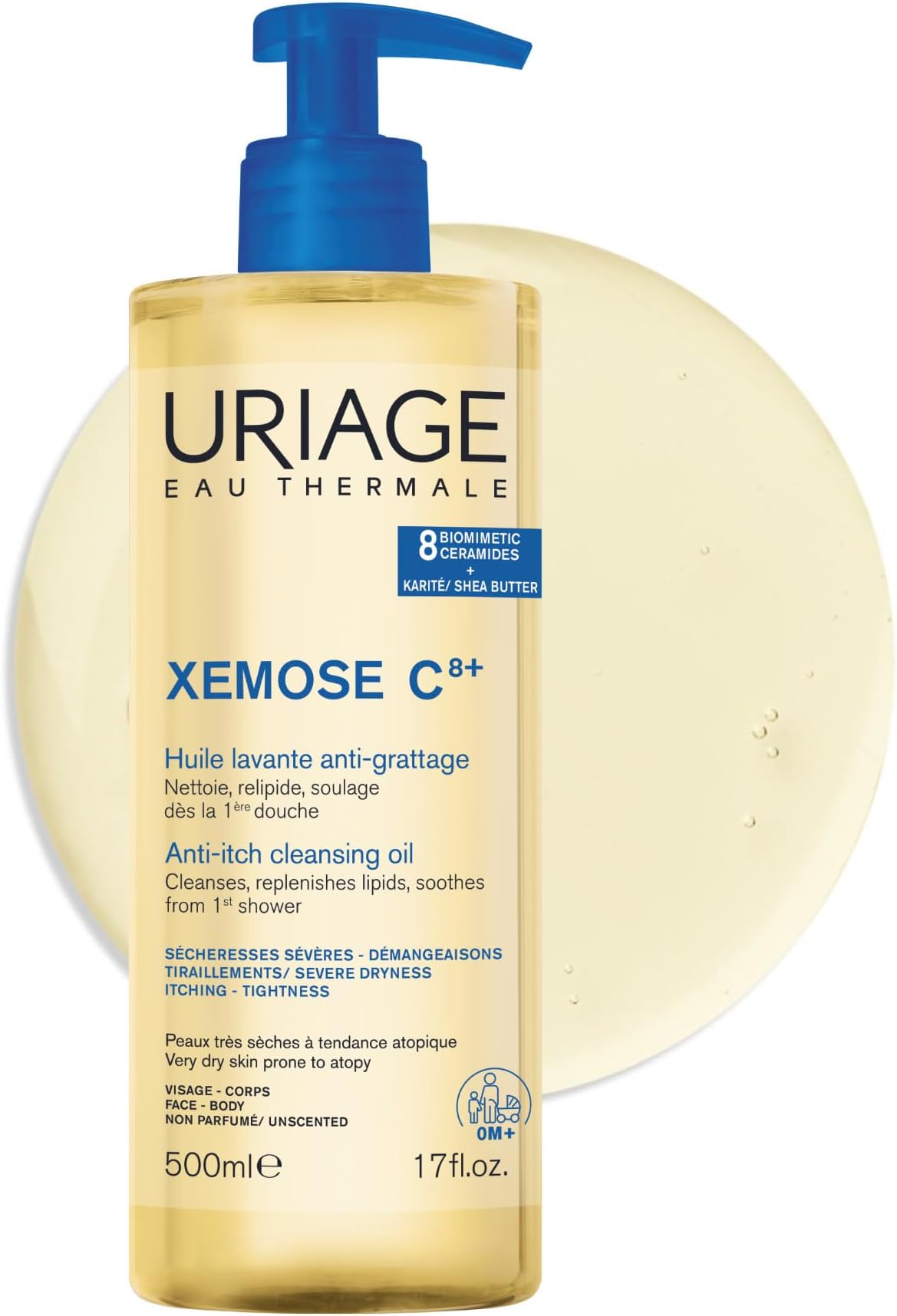 Uriage Xemose C8+ Anti-Itch Shower Oil 500ml - Face & Body Wash - Very Dry Skin Prone to atopy - Soothes from 1st application - 8 Biomimetic Ceramides & Shea Butter - Fragrance-Free