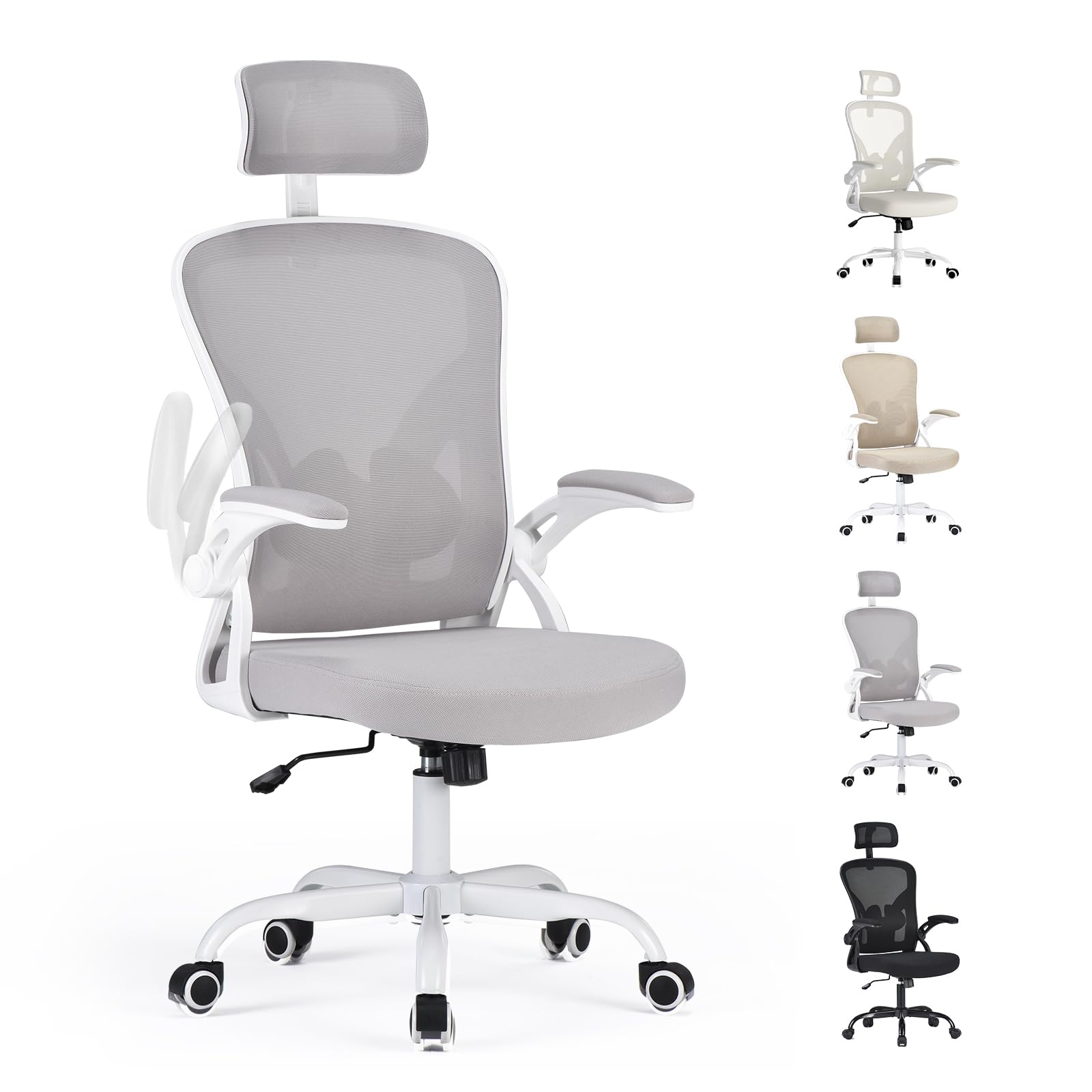 Farini Silla ergonómica con reposabrazos Silla de Escritorio de Oficina con Ruedas Cómoda Silla de Oficina en casa, Gris y Blanco