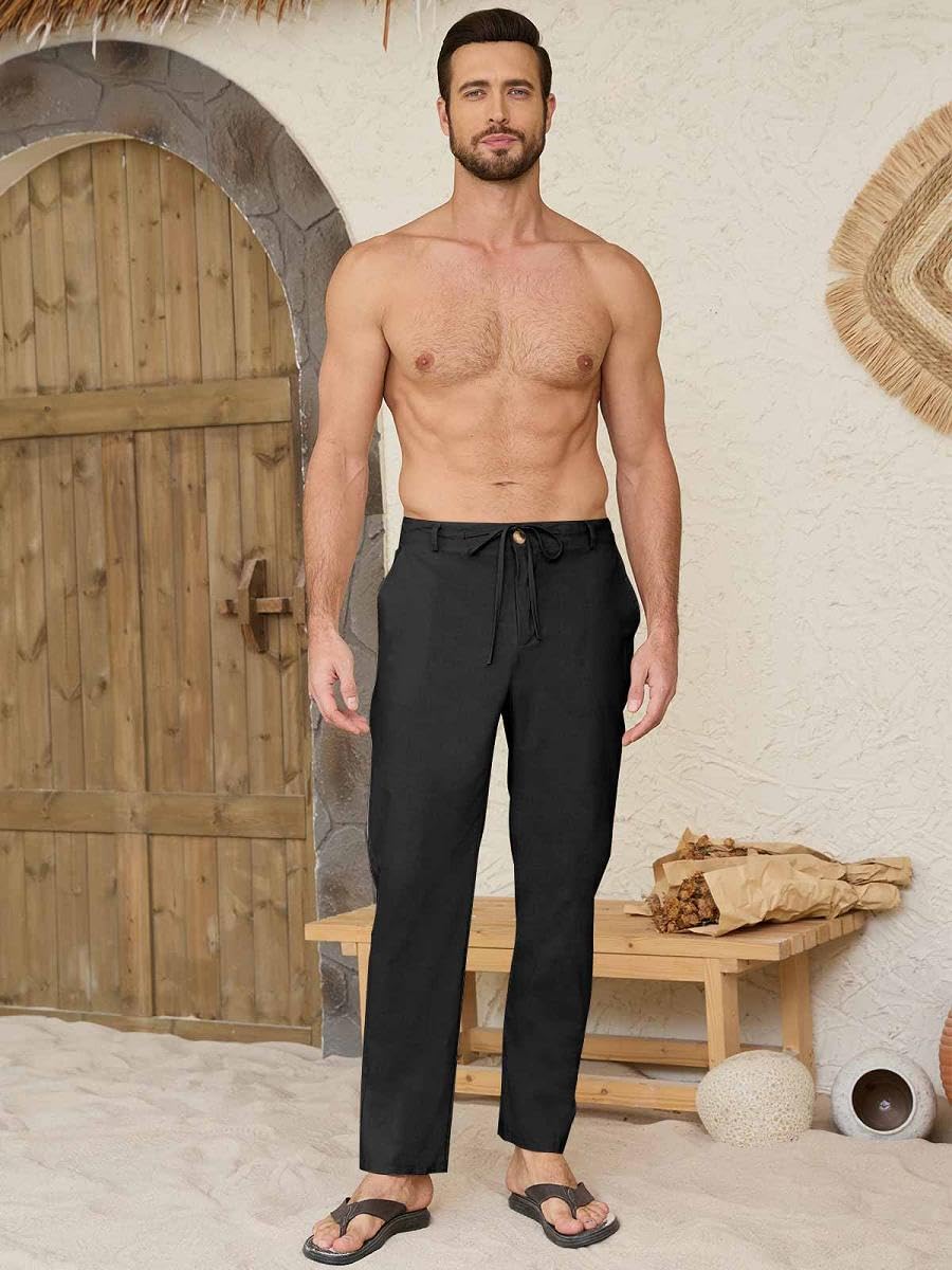 Yutdeng Pantalones Largos Verano Hombre Pantalón Lino Ligeros Casual Pantalon Verano Hombre Largo con Bolsillos Yoga Playa Algodon y Lino Pantalones Anchos Cintura Elástico con Cordón