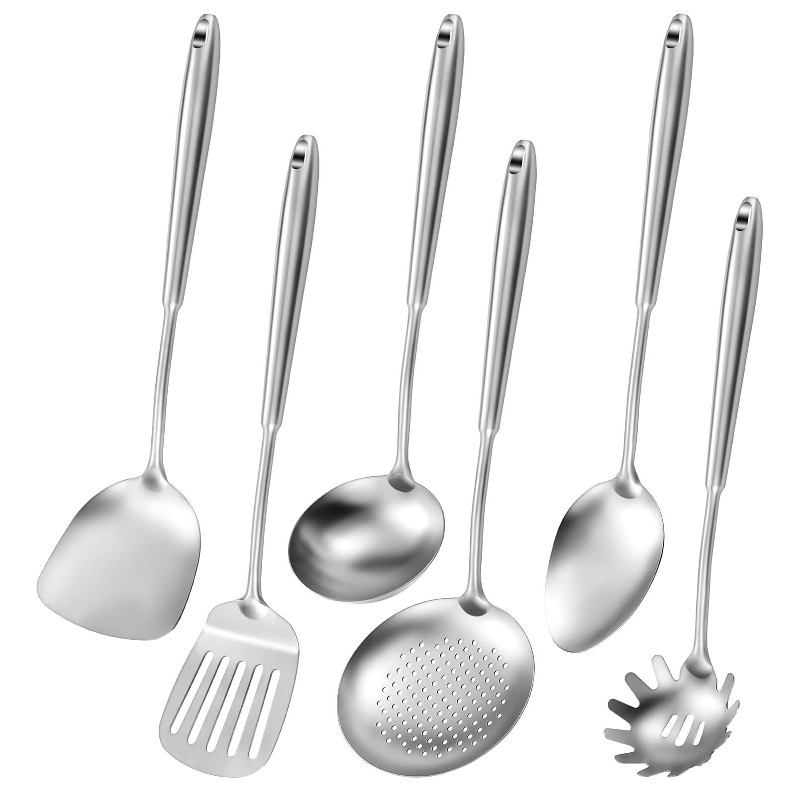 Ustensiles de cuisine inox, lot de 6 ustensiles de cuisson en métal, ensemble de spatules résistantes à la chaleur avec pelles, cuillère de service, louche, écumoire et cuillère à pâtes