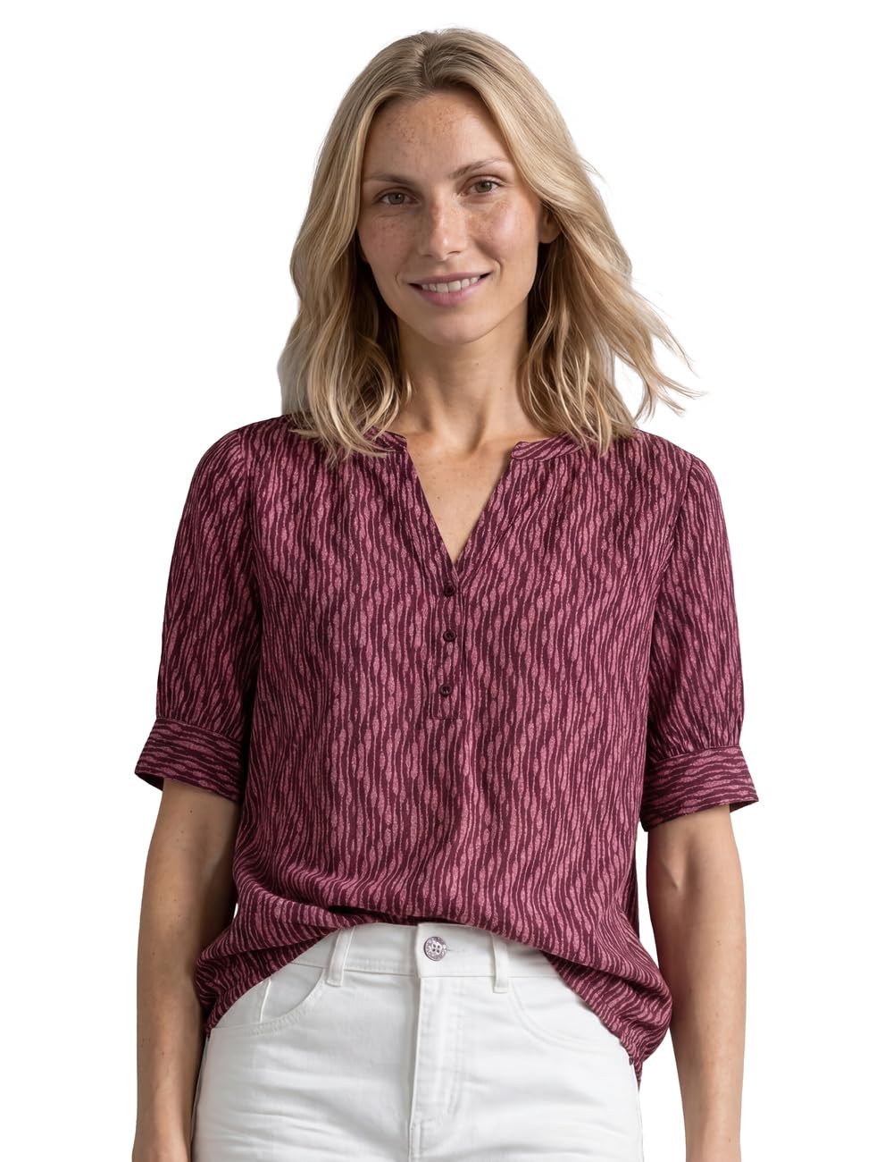 Street One Blush Berry 34 Short Sleeve Blouse with Split Neck and Elastic Hem