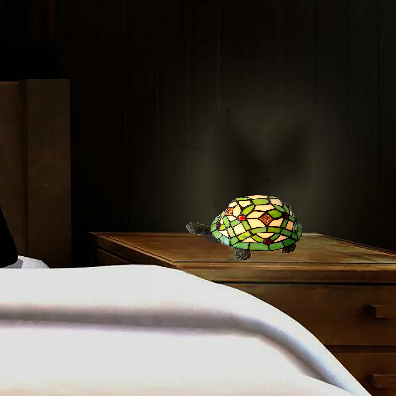 Lampa do karmienia, E14, lampa z żółwiem, dekoracyjna lampka nocna, do sypialni, amerykański styl, ręcznie malowana na szkle, lampa zielona tiffany 22 x 11 cm