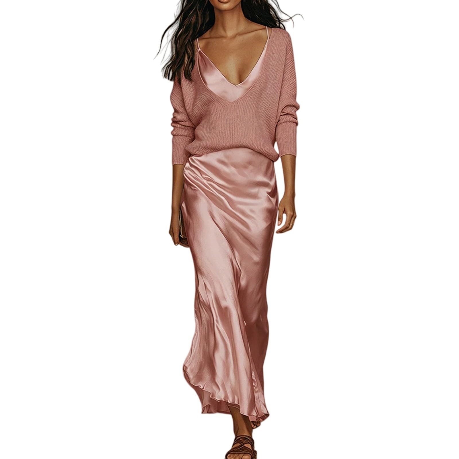 Robe midi en satin Deman sans manches avec col en V profond