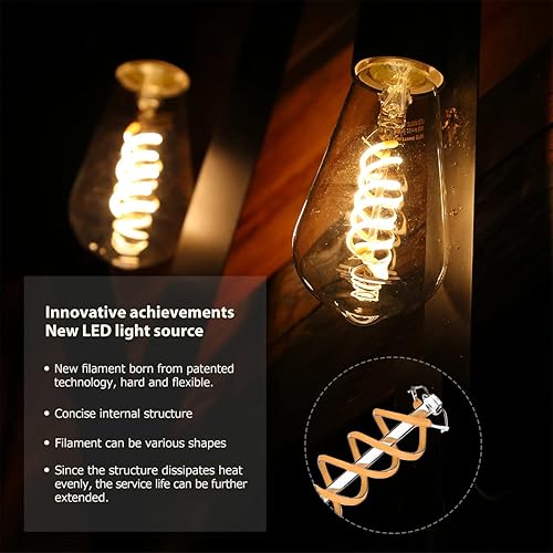 Miniatura 9 de Paquete de 6 bombillas Edison ST19 ST58, bombillas LED vintage, blanco suave de 2700 K, bombilla de filamento LED en espiral flexible antiguo,