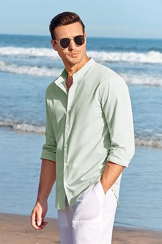 Miniatura 5 de Makkrom Camisa de lino para hombre, con botones, manga larga, algodón, cuello de banda de playa, camisas casuales de verano