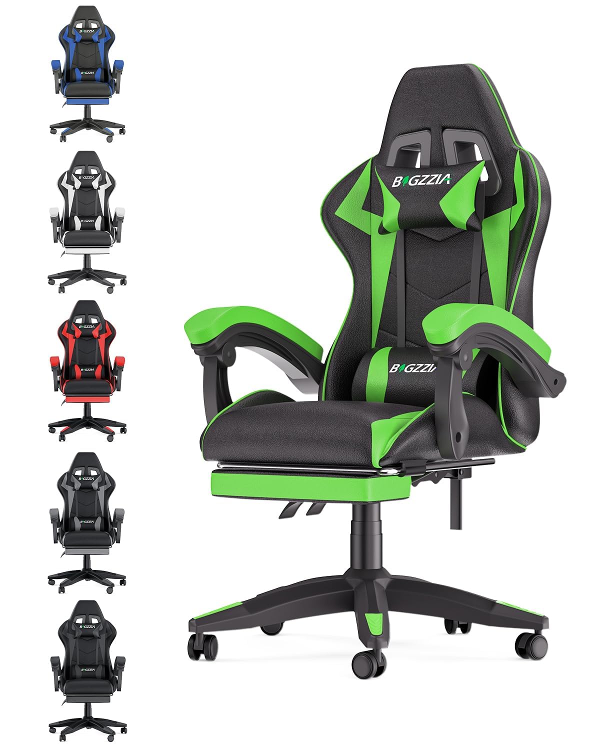 bigzzia Silla Gaming，Silla Ergonómica para Videojuegos, Oficina y Estudio, Silla Gaming con Cojín Lumbar y Reposacabezas, Regulable en Altura(con reposapiés, Gris) (con reposapiés, Verde)