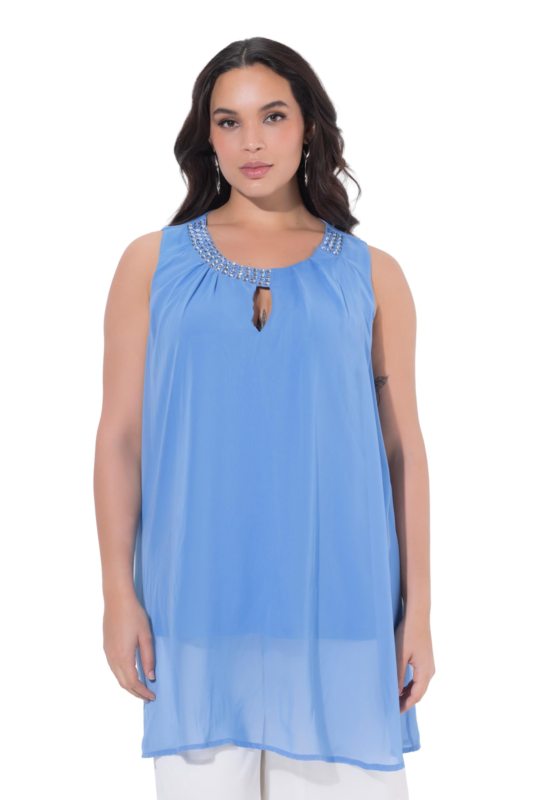 Ulla Popken Damen große Größen Übergrößen Plus Size Longtunika, Ziersteine, A-Linie, Rundhals, ärmellos 819532