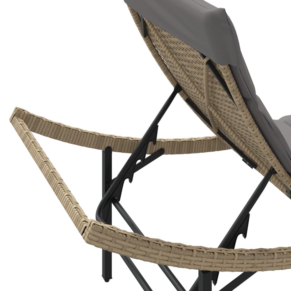 Lettino Prendisole Beige con Cuscini Grigi 55x199x50 cm Polyrattan Letto Solarium Regolabile 3 Posizioni Robusti da Giardino Esterno Poltrone Relax Lounge con Struttura Acciaio Resistente UV 110 kg
