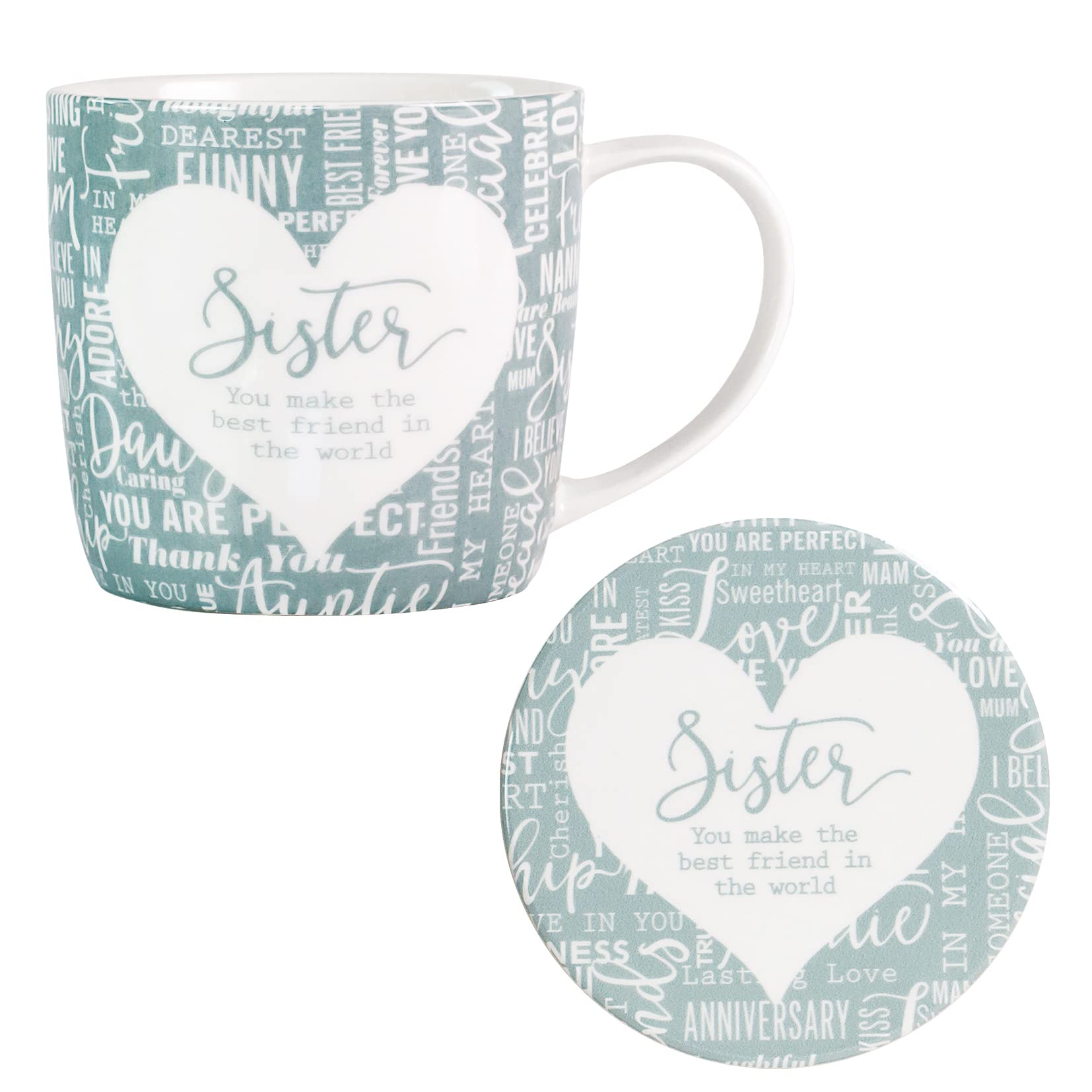 Coffee Mug & Coaster Set Said with Sentiment Ceramic Tea Cup Gift - Sister