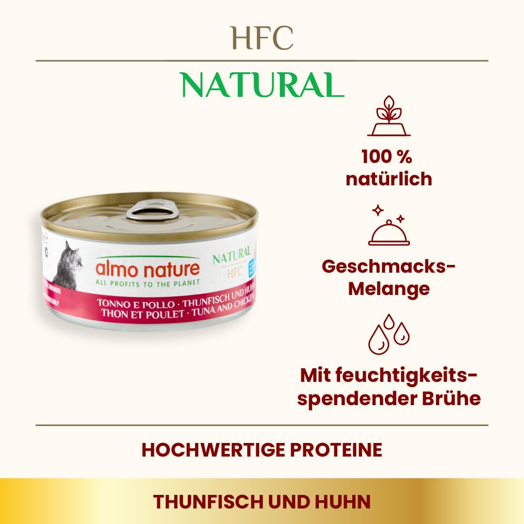 Almo Nature HFC Natural – mokra karma dla kotów – tuńczyk i krewetki – bezglutenowa, bezzbożowa, klasy ludzkiej, monoproteiczna – 150 g (24 sztuki)