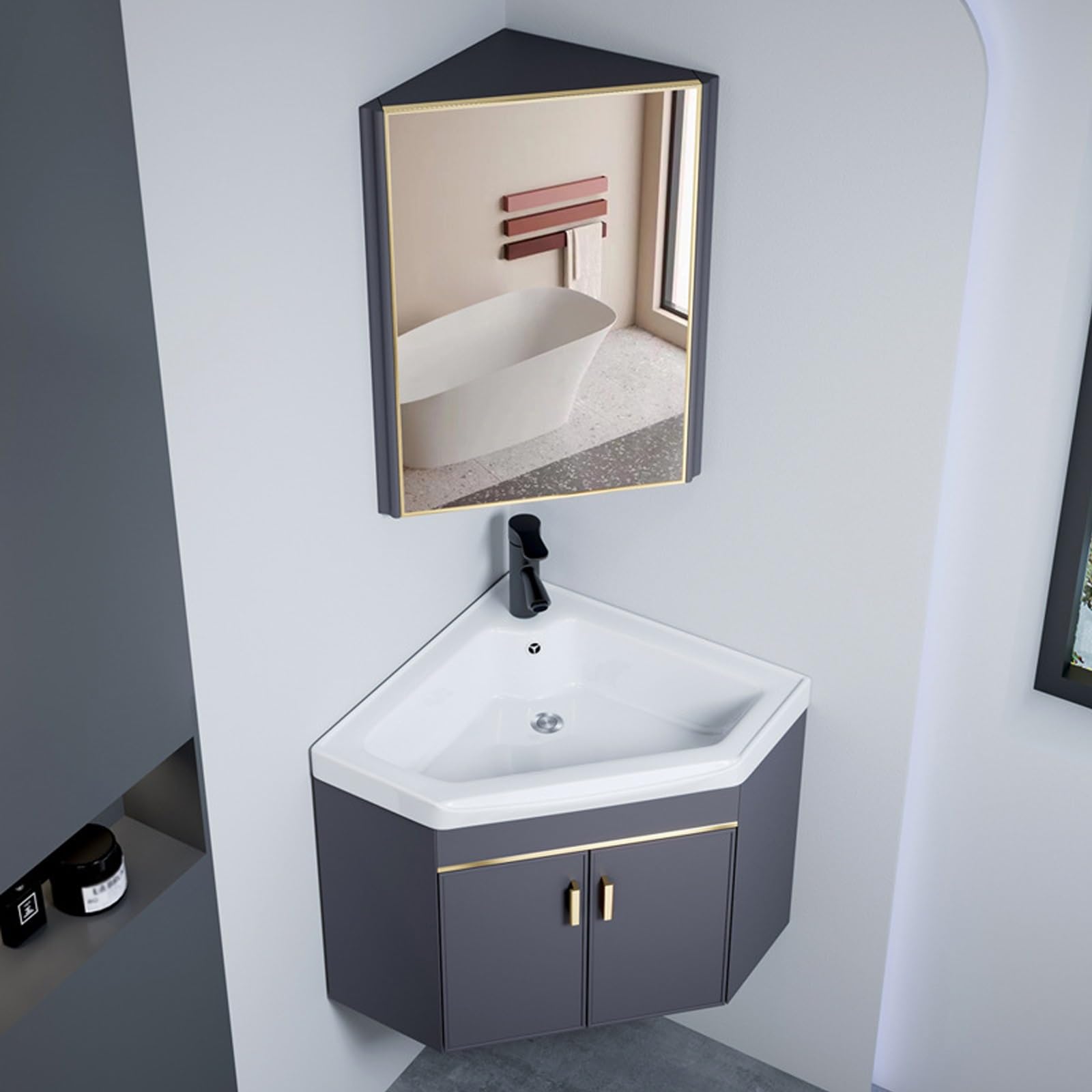 DFGHNBVC Corner Bathroom Vanity Sink, Space-Saving Ceramic Sink With Mirror Cabinet For Compact Areas