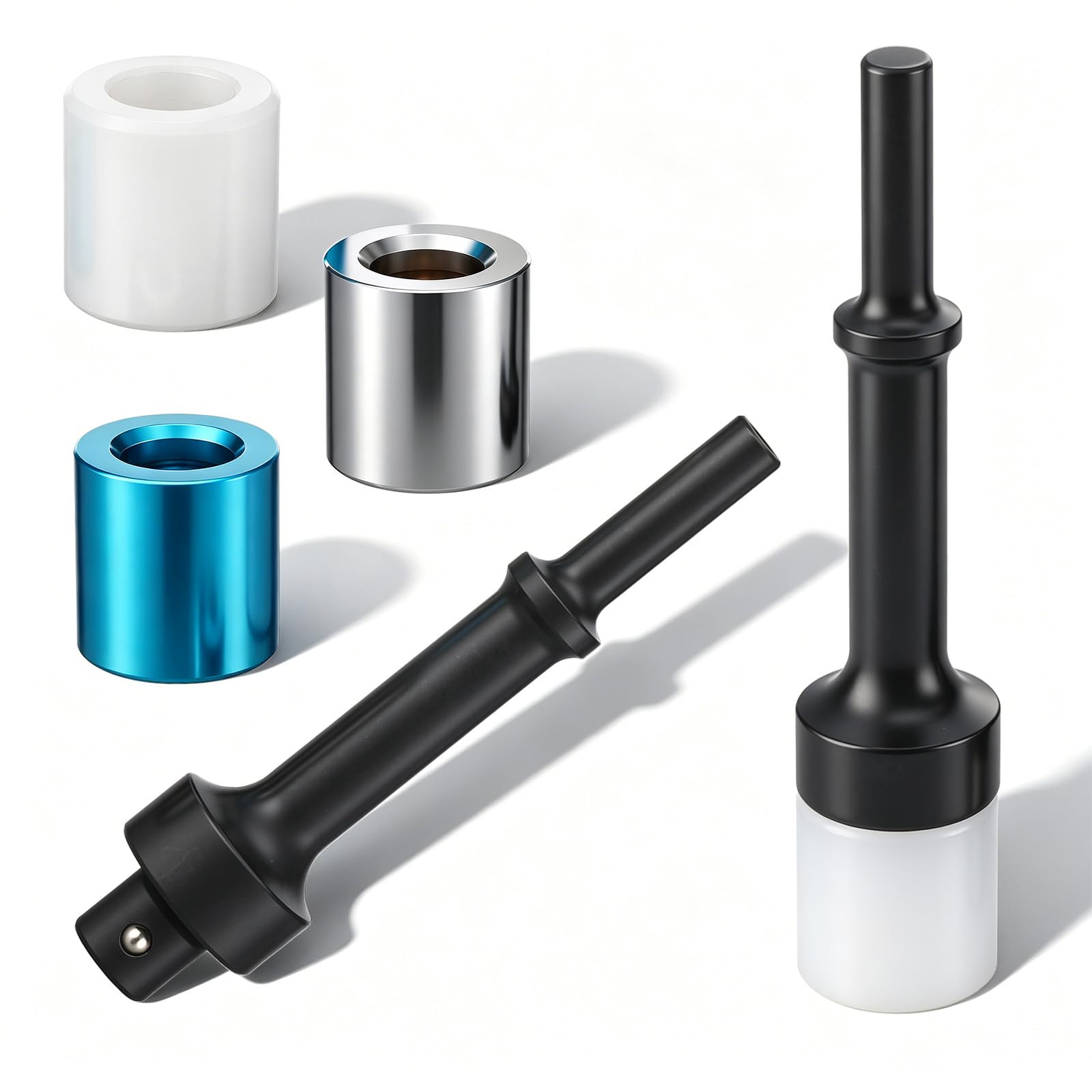 Hicarer Drucklufthammer-Set, weiche Spitze, 29 mm Durchmesser, austauschbare Hammerköpfe, inklusive Aluminium-Messing-Nylon-Kopf-Bits mit 1 cm geschmiedetem Stahlgriff für Lufthammer, weichere