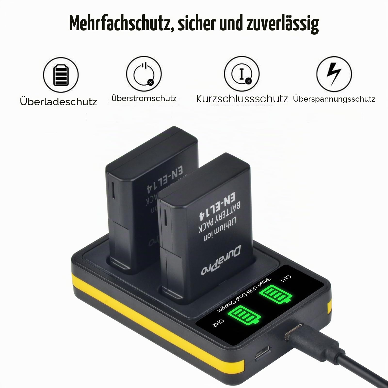 DuraPro 2Pc EN-EL14 EL14A Akku Battery + LED Dual Charger für Nikon P7800 7700 7100 7000 D5600 D5500 D5300 D5200 D5100 3000 Series D34000 D33 00 D3200 D3100 DLSR