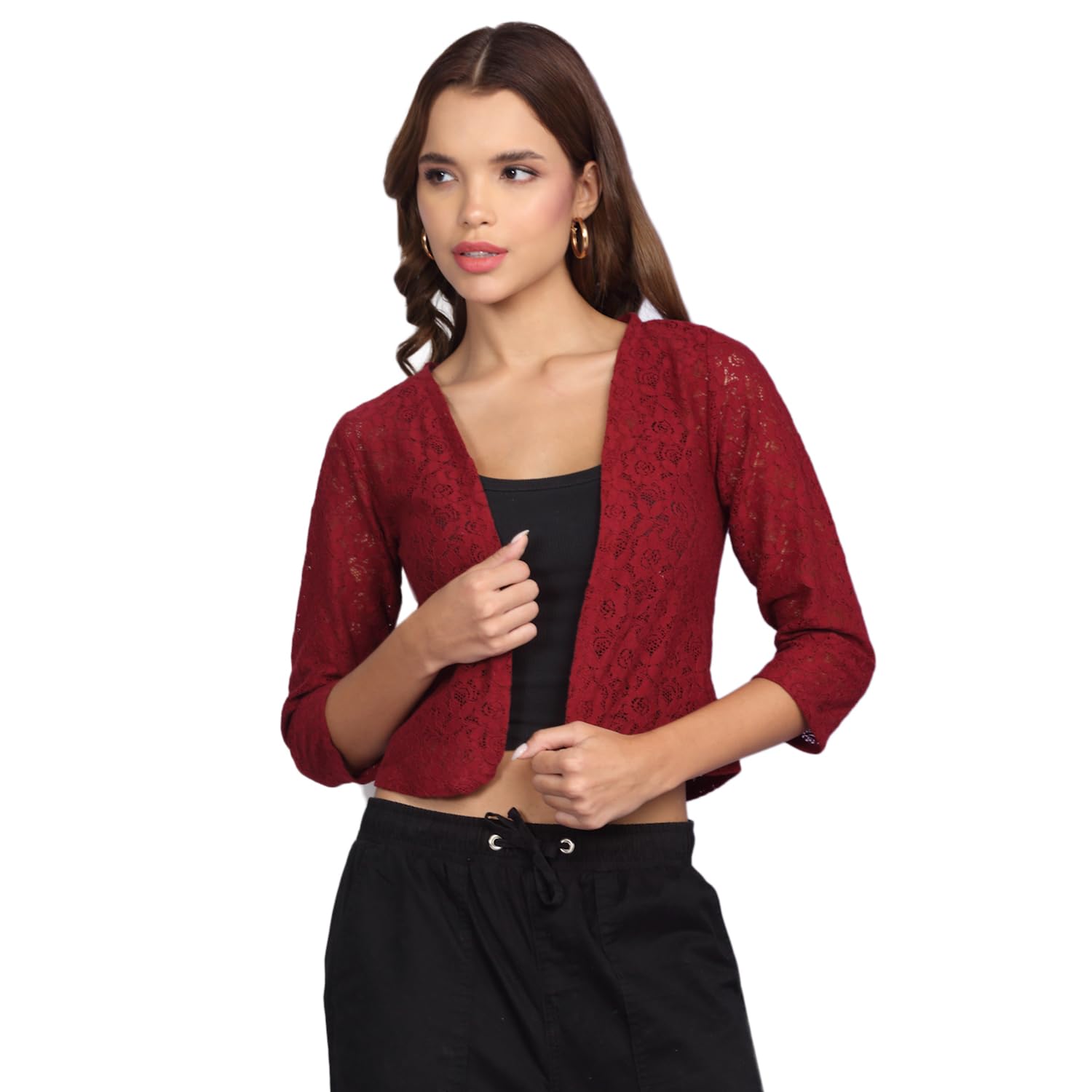 Women's Self Designed 3/4th Sleeve Front Open Poly Cotton Elastic Shrug-picture-44