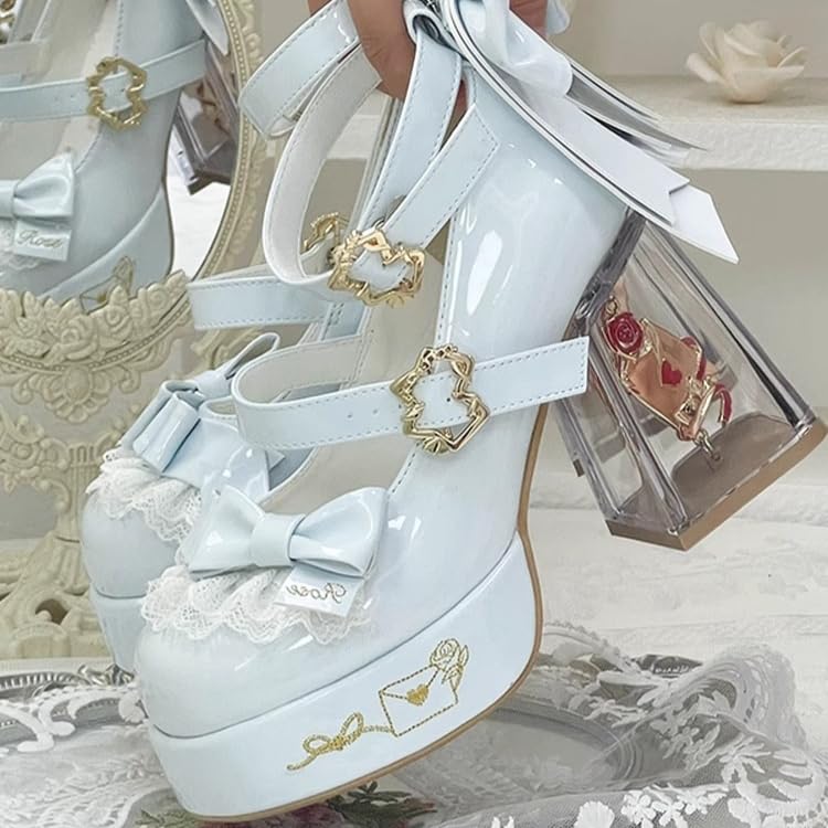 ZQW Clear Heel Mary Jane Pumps for Women Chunky Platform Round Toe Bow Buckle Ankle Strap High Block Heel Lolita Cosplay Kawaii Shoes Party Dressy2