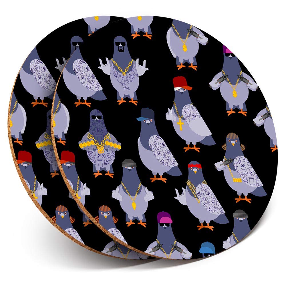 Destination Vinyl Ltd Multicolor 2 X Round Coasters - Gangster Pigeon Birds Funny Joke Hood - Cork Backed Home Kitchen Accessory Tea Coffee Mug Mat #45129