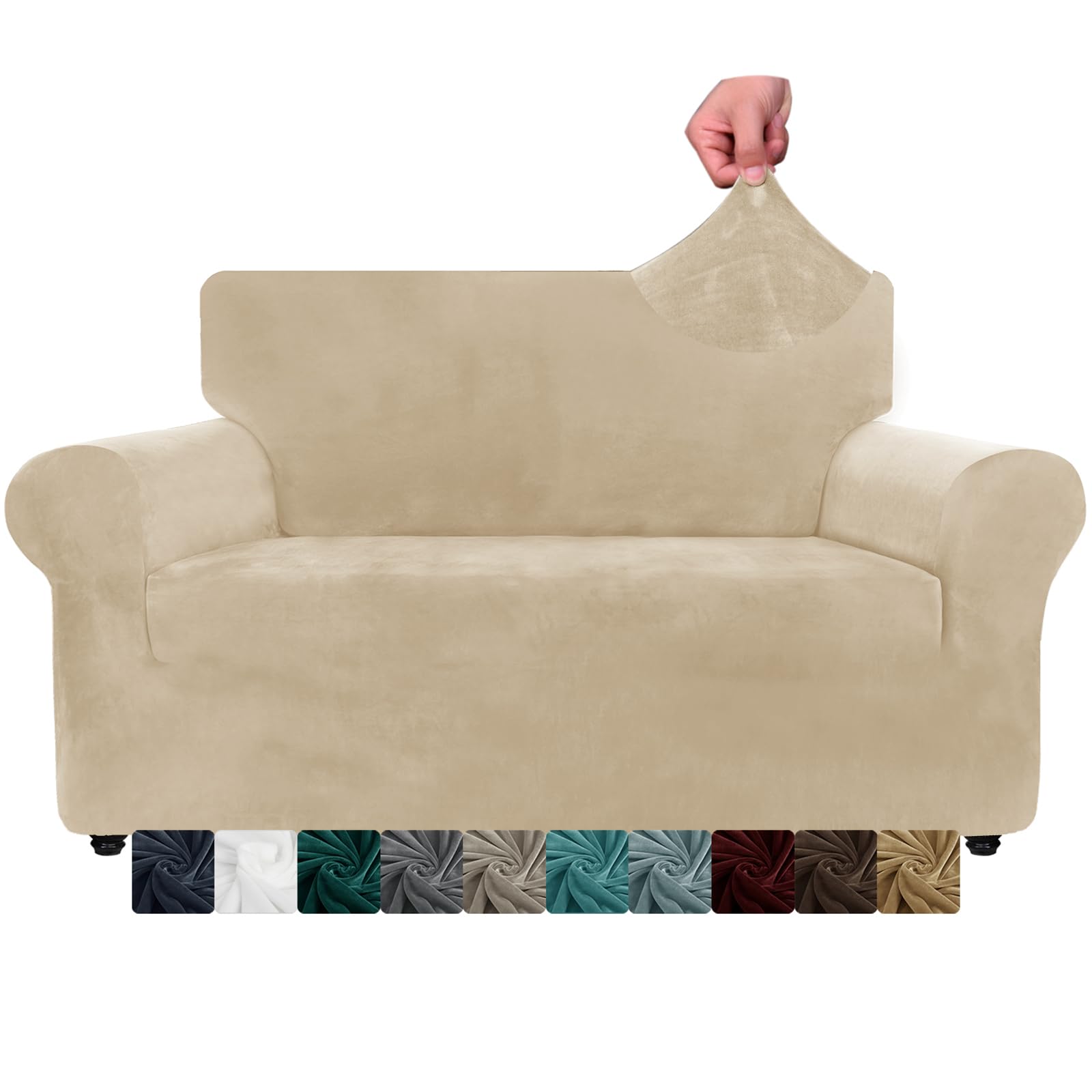 XINEAGE 1 Piece Velvet Couch Covers for 2 Cushion Couch High Stretch Loveseat Slipcover for Pets Dogs Anti Slip Love Seat Sofa Slipcover Furniture Protector (2 Seater, Camel) โ image 1