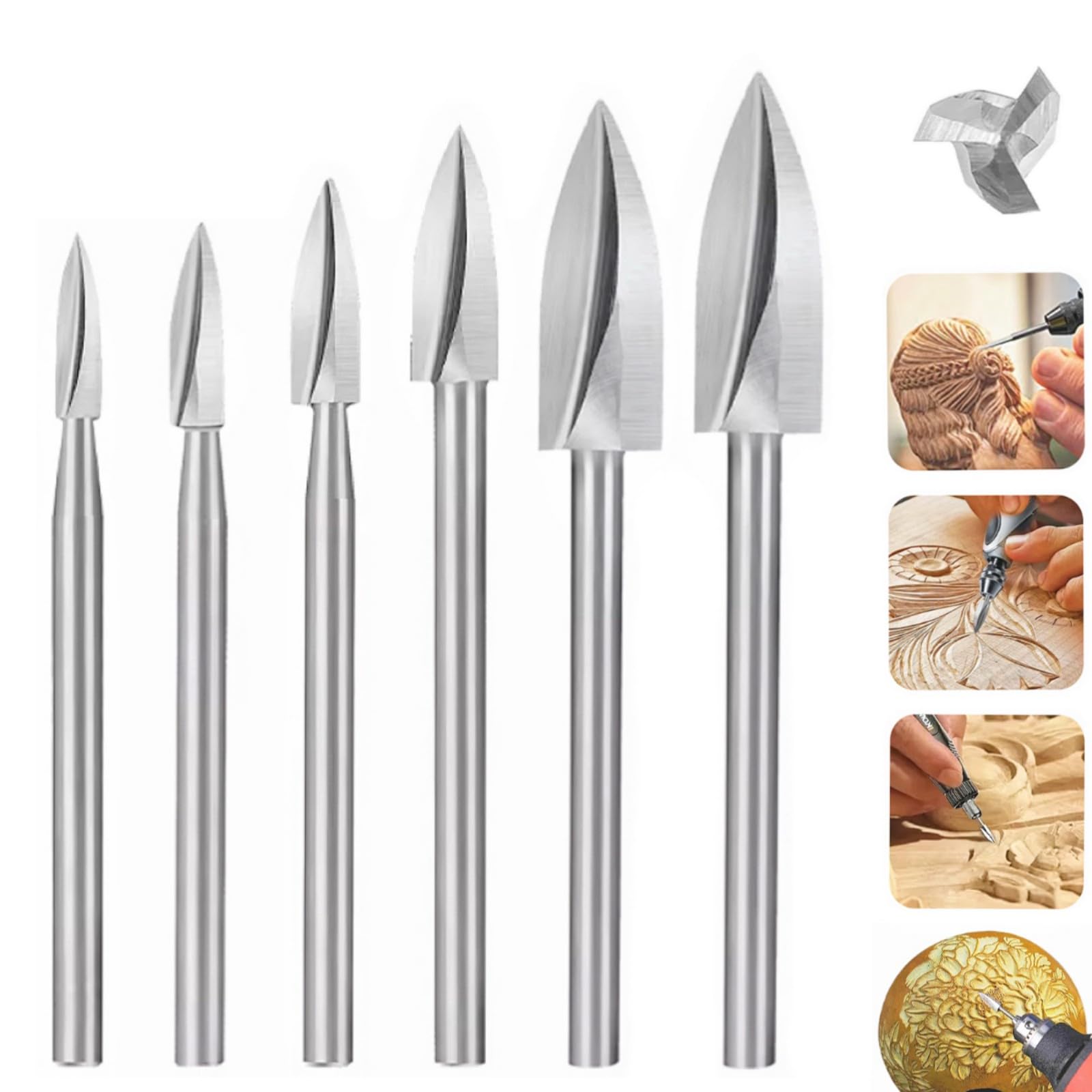 Sunkizzrs® 6-Pcs Wood Carving Drill Bits Set 3mm Round Shank —Detail Carving Bits —HSS Engraving Drill for Dremel —DIY Crafts Rotary Tool for Grinding/Polishing/Micro Sculpture (3-Tool Flute Set)-image-19
