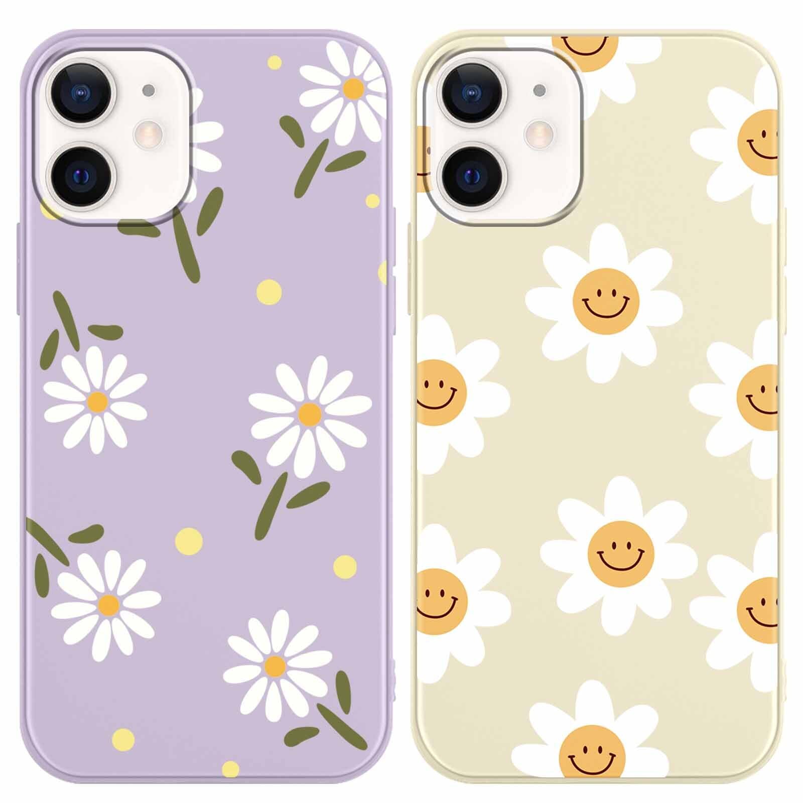 RUMDEY 2 Pack Cute Daisy Flowers for iPhone 12/12 Pro 6.1" Phone Case, Smile Pattern Aesthetic Design Cases Soft Silicone Slim TPU Shockproof Protective Fundas for Teen Girls Women (Purple&Beige)