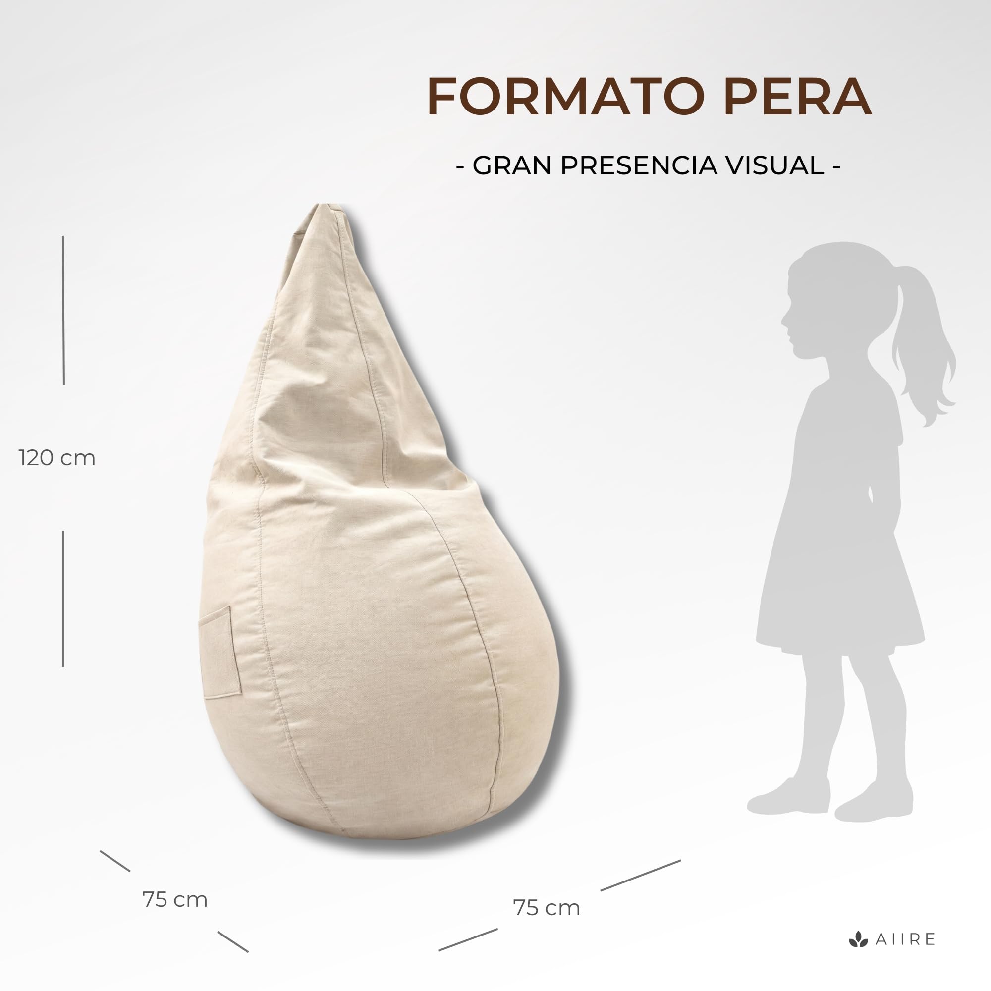 Aiire Puff Pera con Relleno Incluido - Puff Gamer Moderno de Diseño - Niño o Adulto para Salon o Habitación Juvenil - Sillón Puf Infantil XXL Adolescente - Puffs en Algodón Premium Beige