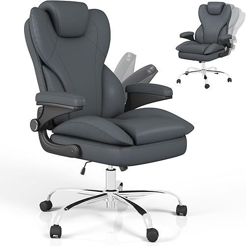 Hovos Silla de oficina, ergonómica grande y alta silla de cuero de escritorio con brazos abatibles acolchados, bloqueo de inclinación ajustable,