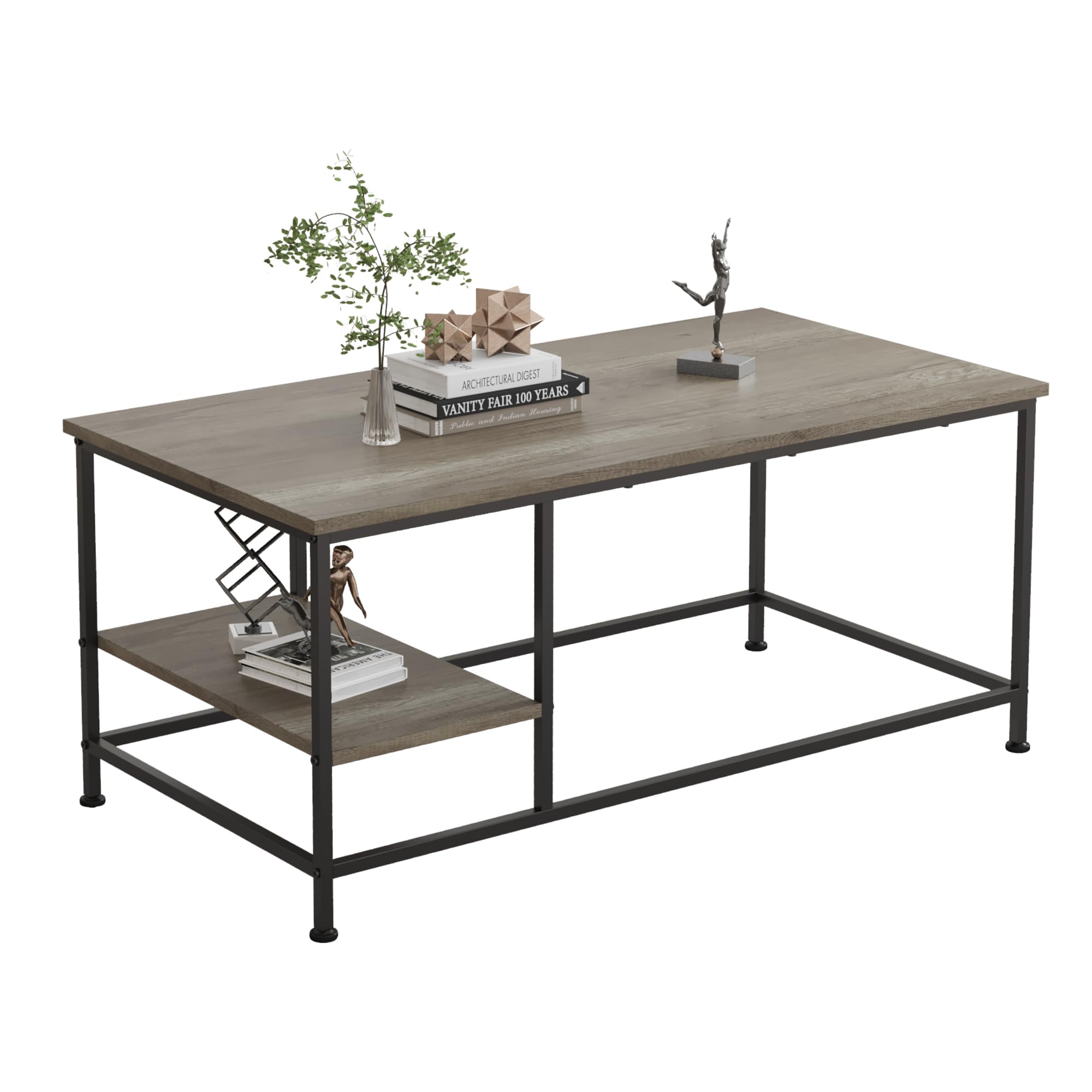 SENIG Grey Oak Rectangle Wood and Metal Coffee Table with Storage Shelf for Small Living Rooms with Shelf