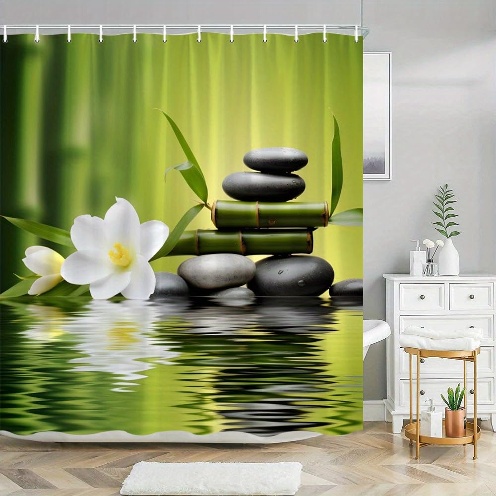 GLWDMB 1 Piece 120x180CM Zen Bamboo and Stone Printed Shower Curtain With Hook, Polyester, for Windows And Walls, Bathtub, Bathroom, Machine Washable, All Season Universal