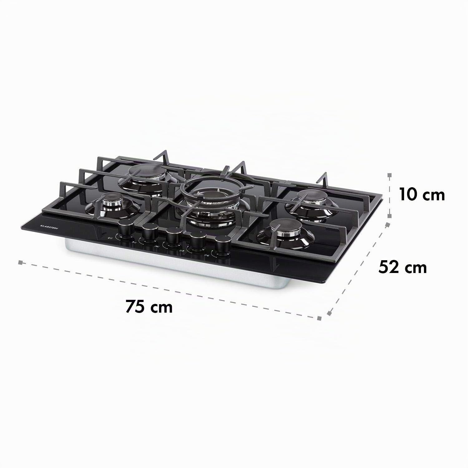KLARSTEIN Ignito - Piano Cottura a Gas, Piastra da Incasso, Bruciatore Sabaf, Gas Naturale/Gas Propano, Valvole di Sicurezza, Spegnimento Automatico, Acciaio Inox, 5 Fuochi, 75 cm, Nero