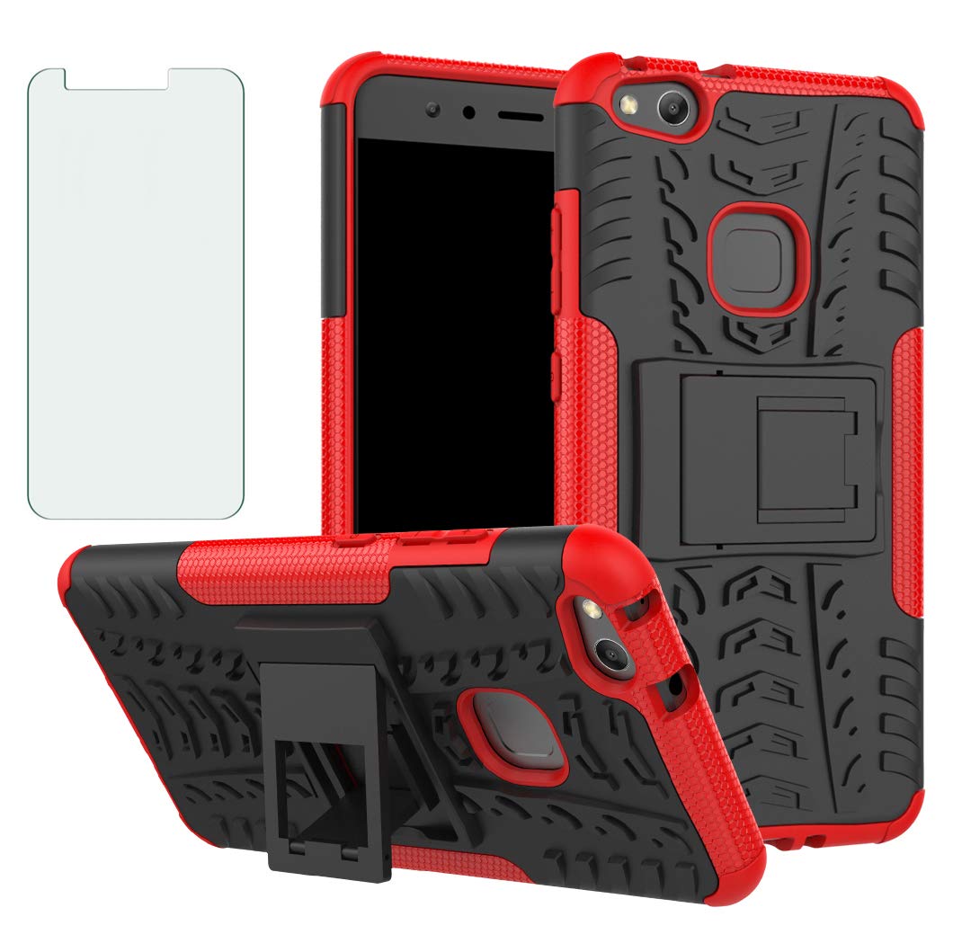 Asuwish Phone Case for Huawei P10 Lite with Tempered Glass Screen Protector and Stand Kickstand Hard Rugged Hybrid Accessories Heavy Duty Shockproof Huwai Hawaii Hwauei P10lite P 10 Girls Cover Red