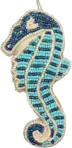 Miniatura 3 de Adorno navideño de caballito de mar con cuentas, bordado Zari Zardozi, azul y blanco, bolsa de regalo para almacenamiento, hecho a mano en la India