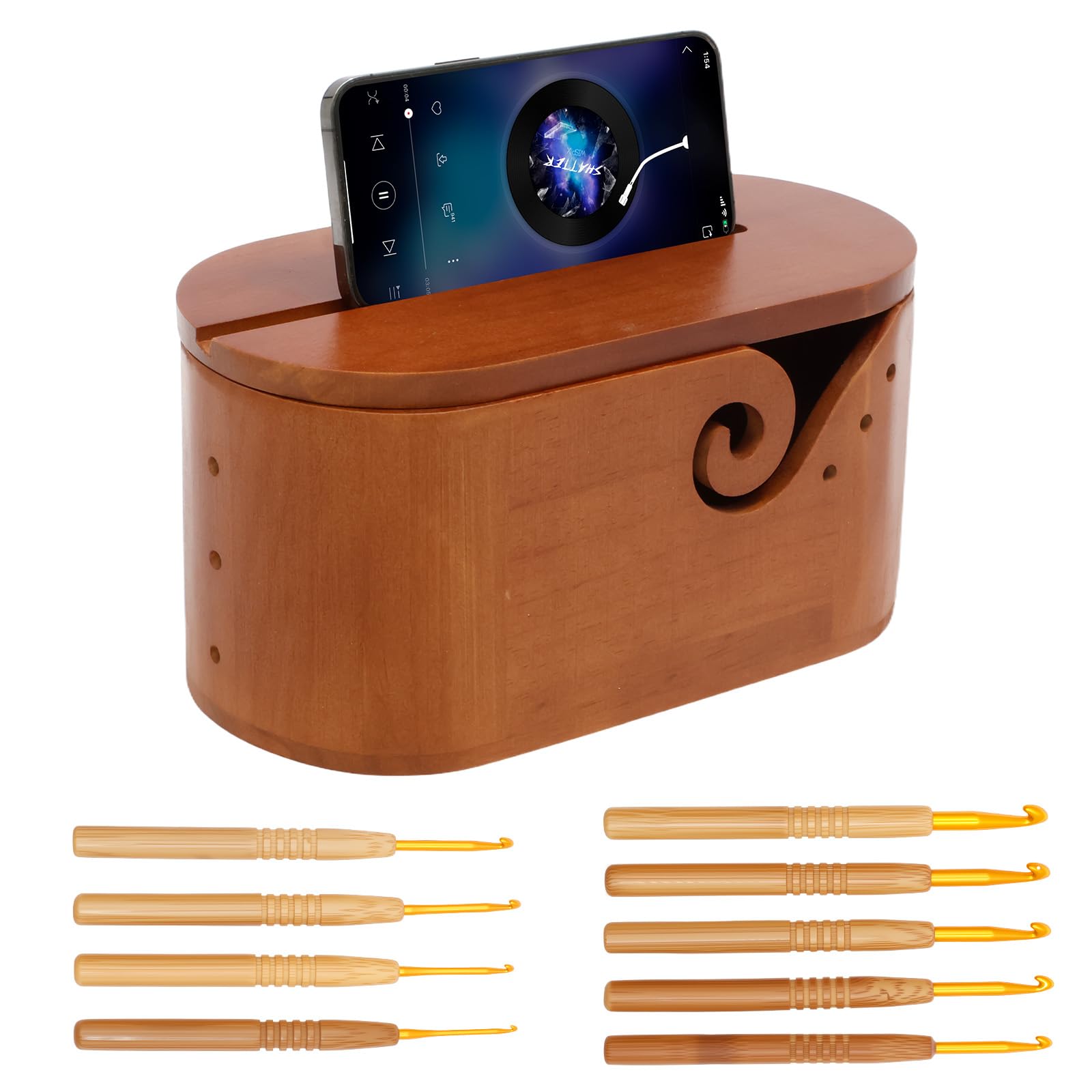Jokapy Oval Yarn Bowl, Wooden Crochet Yarn Holder with 9pcs Knitting Hooks and Lid Large Capacity Wool Storage Bowls with Phone Holder Crochet Bowl for Crocheting and Knitting Yarns Balls Storage