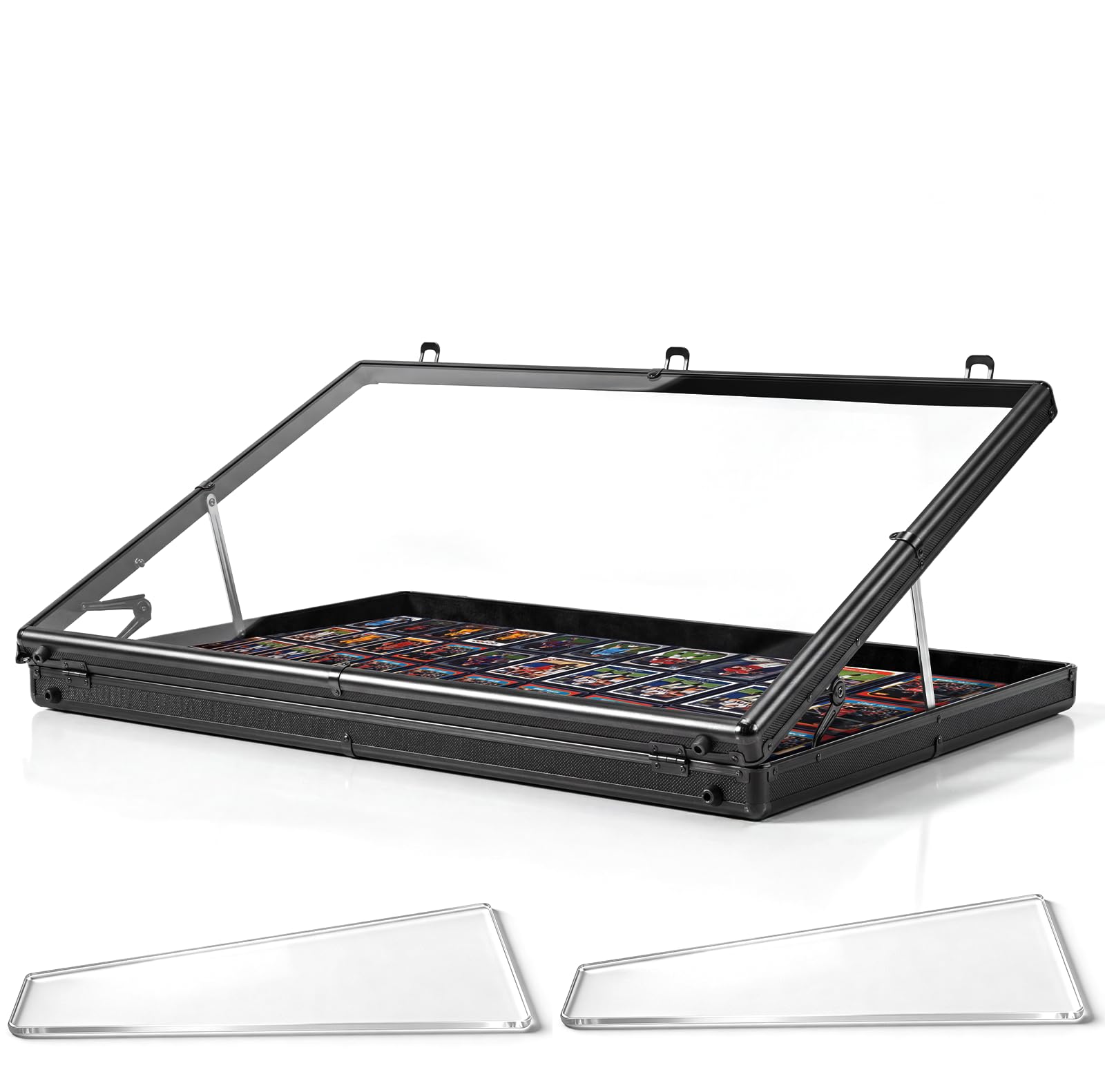 Portable Card Show Display Case 34"x22", Aluminum Trade Show Display Case with Acrylic Side & Handle & Support Rod, Large Lockable Tabletop Showcase for Baseball Sports Graded Cards
